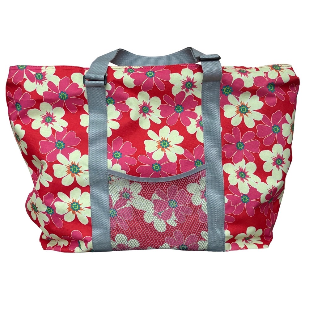 Travelers Club Floral Tote Bag Insulated Cooler Compartment Red Beach Picnic